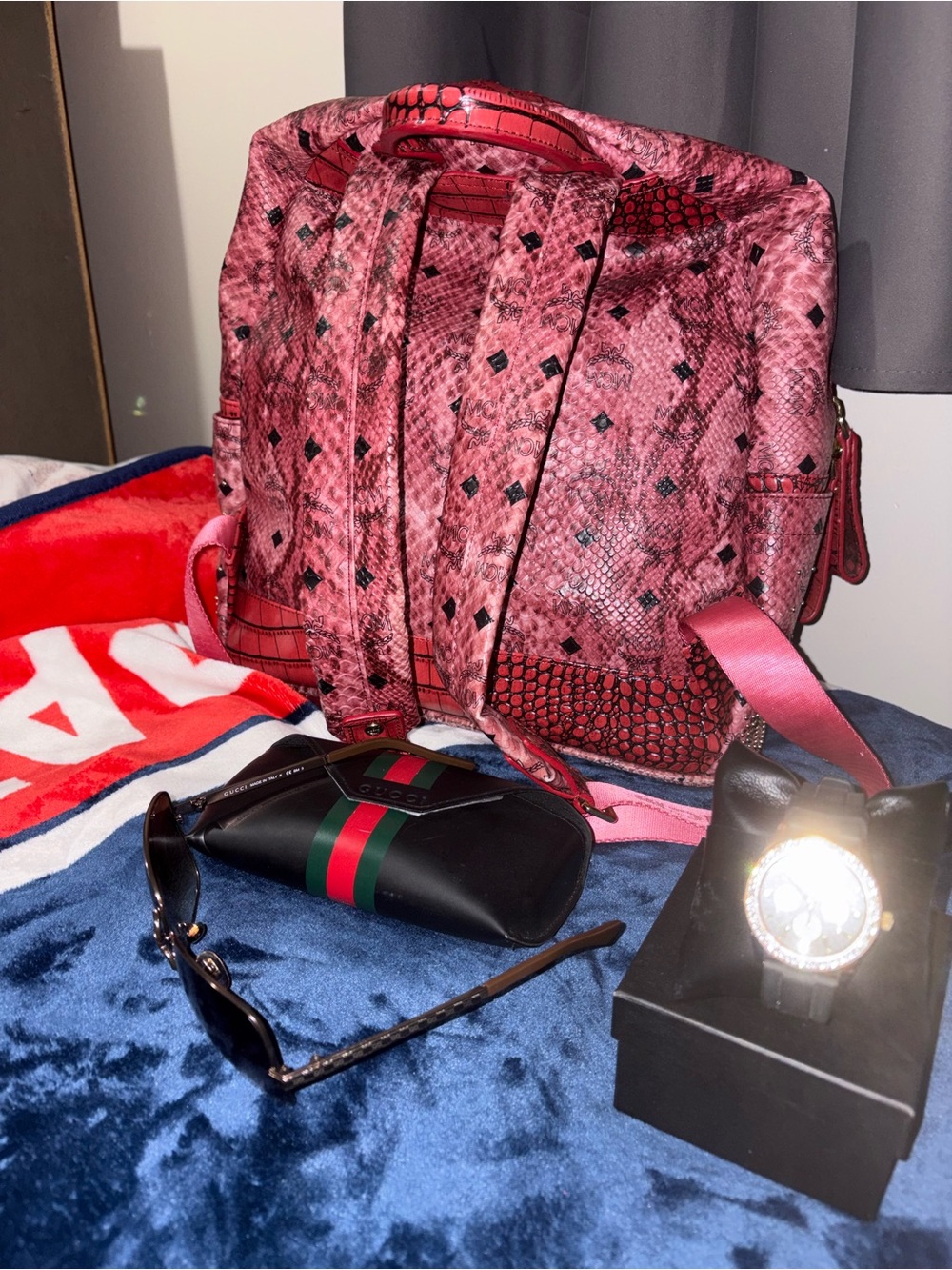 MCM Pink Snakeskin-Effect Backpack with Logo Motif